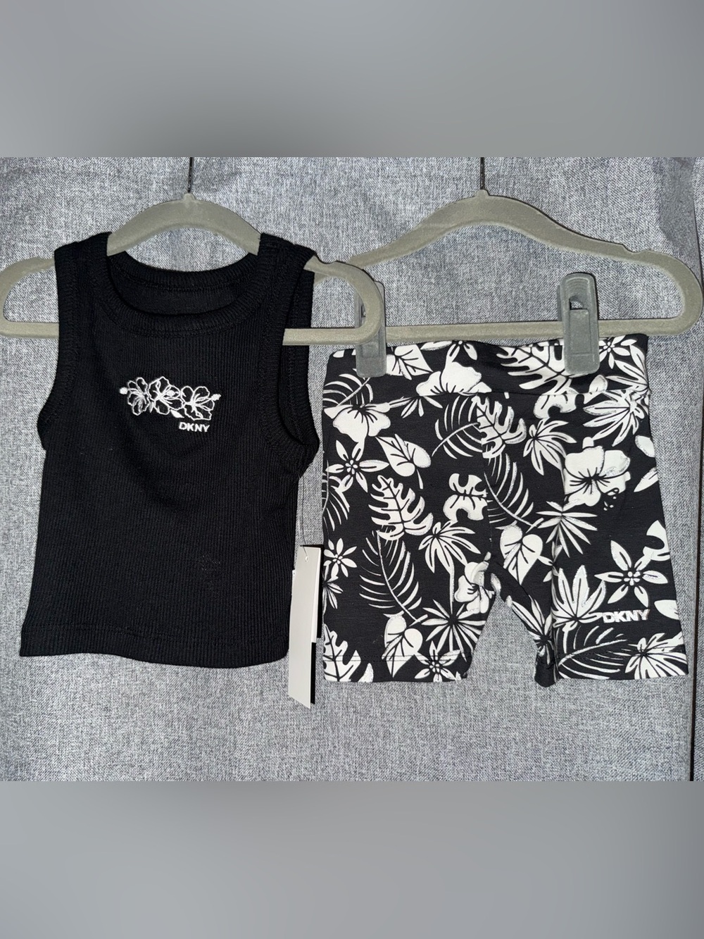 DKNY Black Ribbed Tank Top with Floral Logo and Floral Shorts - Kids